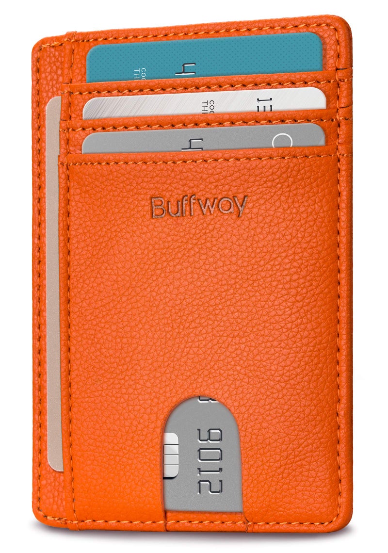 Buffway Slim Minimalist Front Pocket RFID Blocking Leather Wallets for Men and Women - Lichee Orange - Image 1